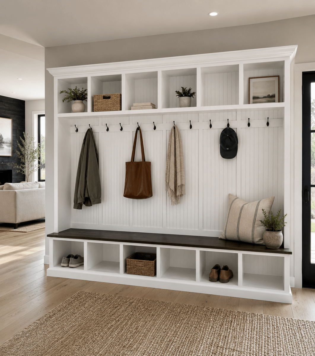 Pennsylvania 6-Section Entryway Bench with Storage – Custom Mudroom Organizer | Wood Hall Tree Seating