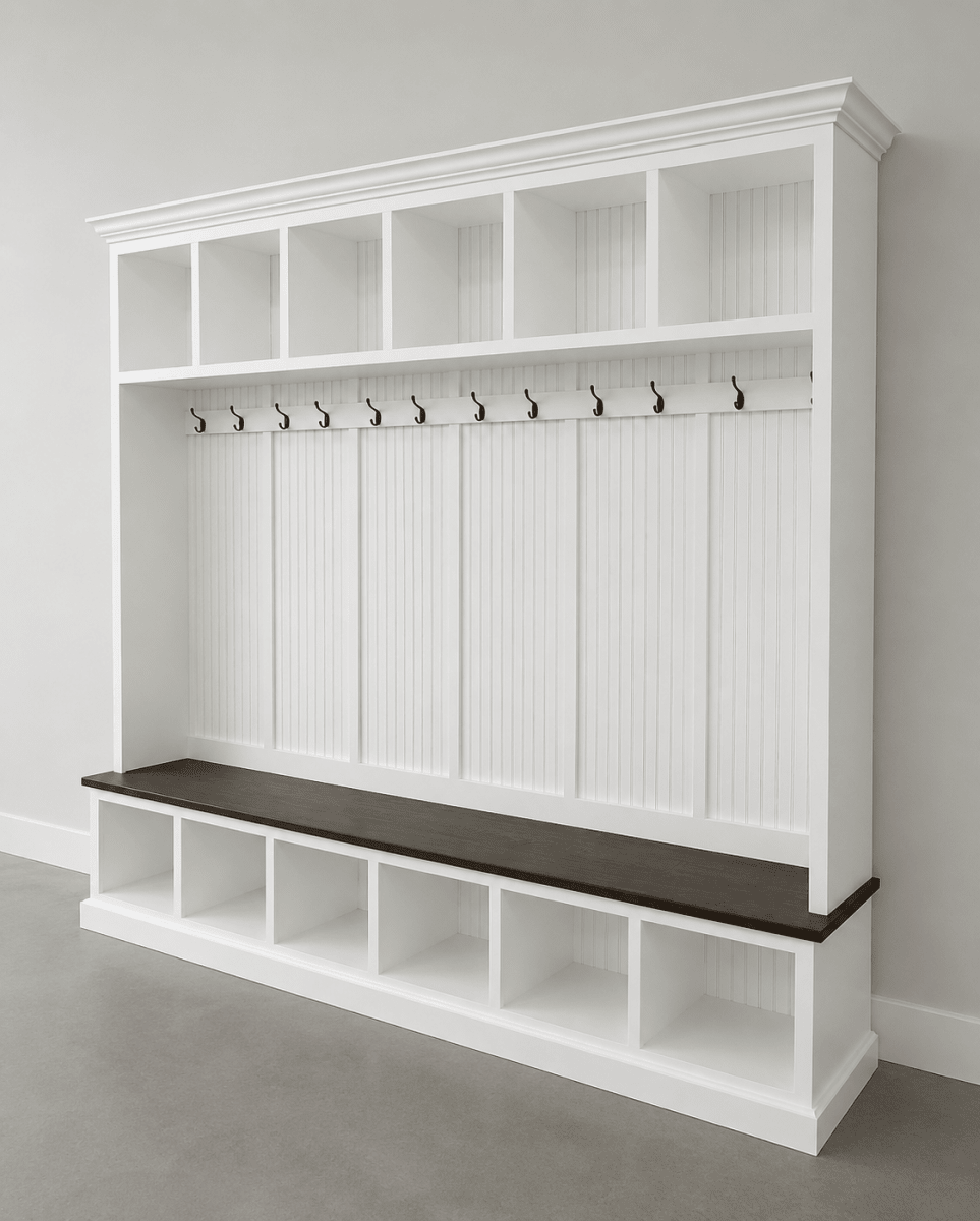 Pennsylvania 6-Section Entryway Bench with Storage – Custom Mudroom Organizer | Wood Hall Tree Seating