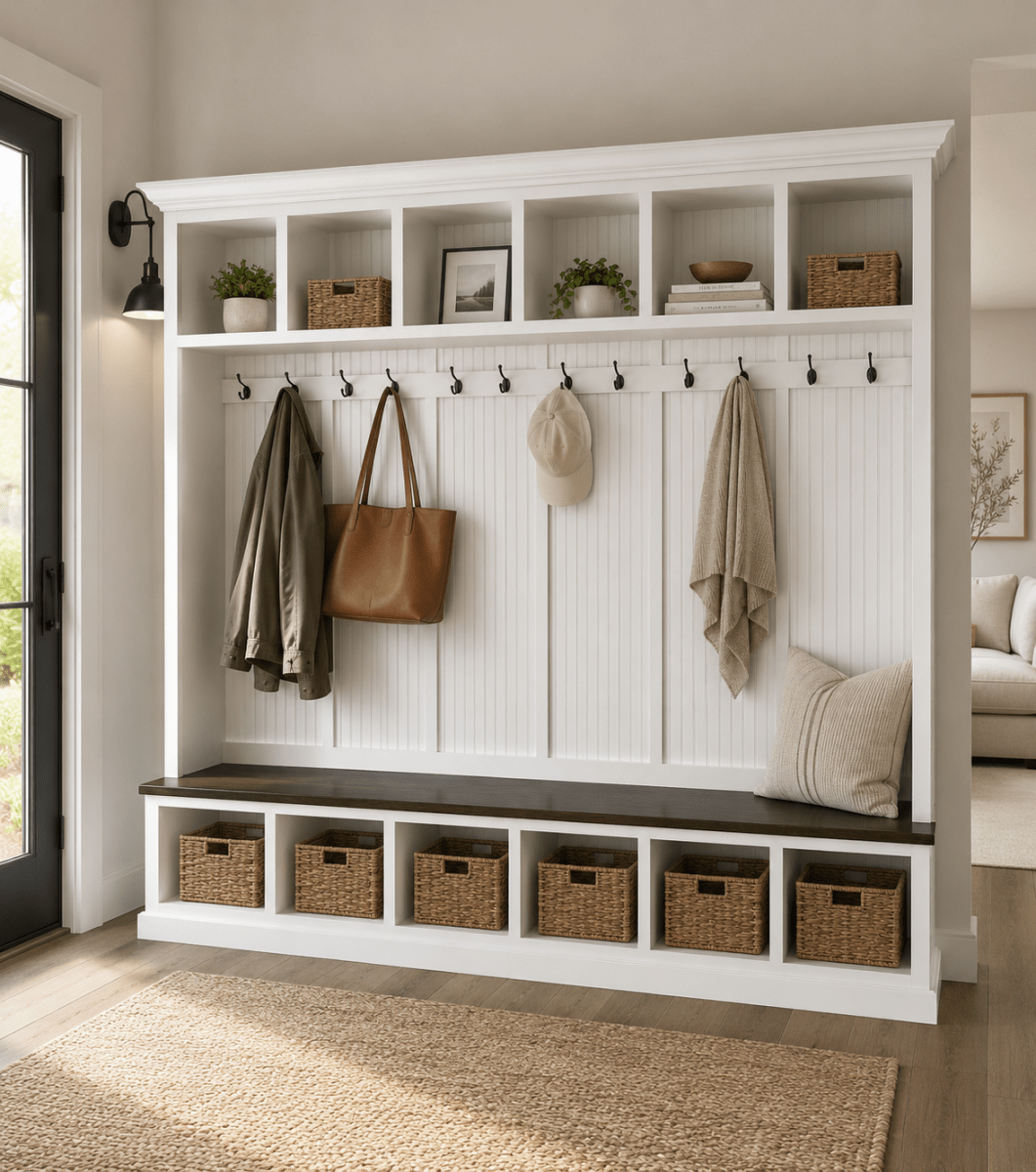Pennsylvania 6-Section Entryway Bench with Storage – Custom Mudroom Organizer | Wood Hall Tree Seating