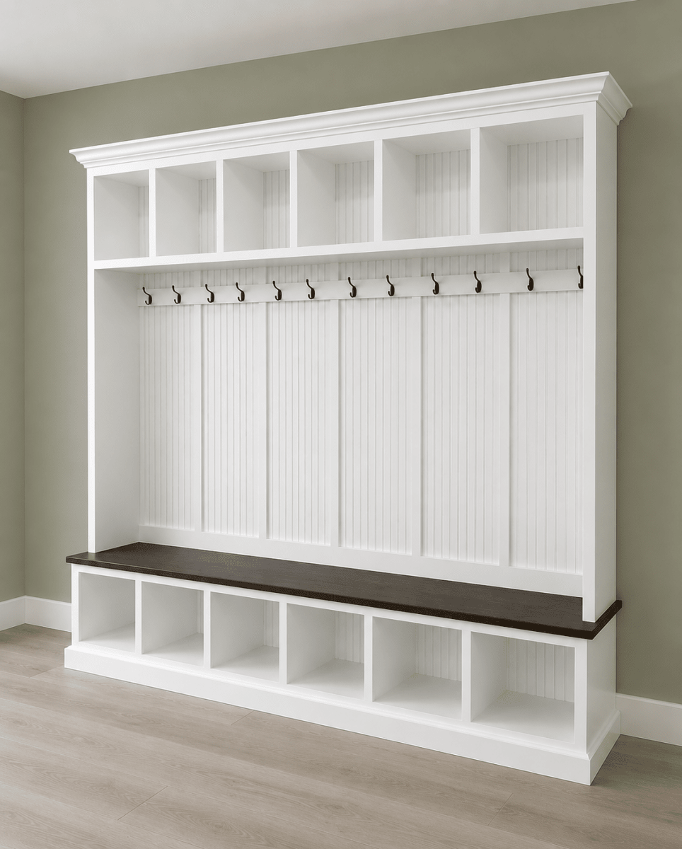 Pennsylvania 6-Section Entryway Bench with Storage – Custom Mudroom Organizer | Wood Hall Tree Seating