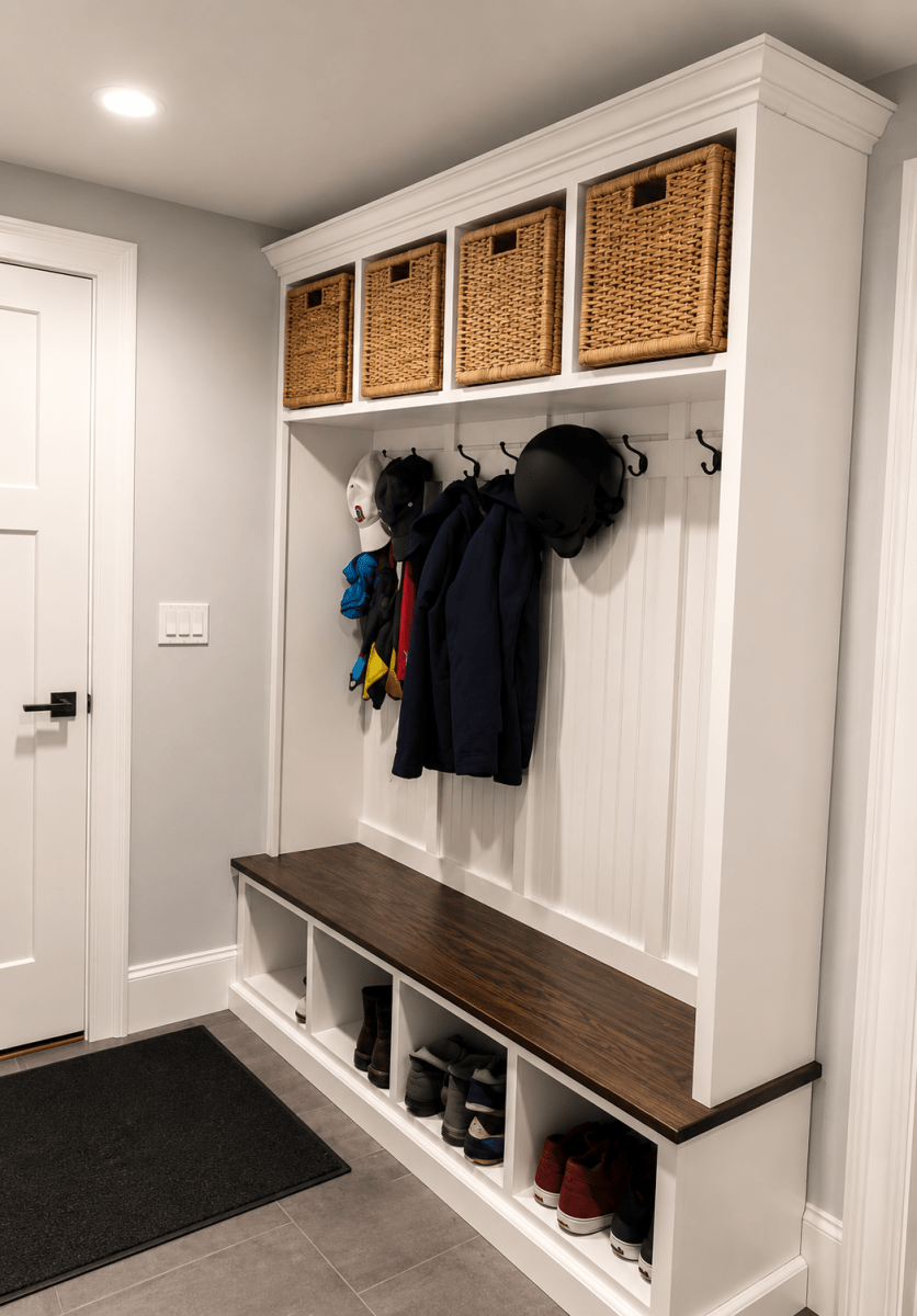 Pennsylvania Entryway Bench with Storage | Custom Wood Mudroom Seating | Handcrafted Hall Tree Bench (4-section)