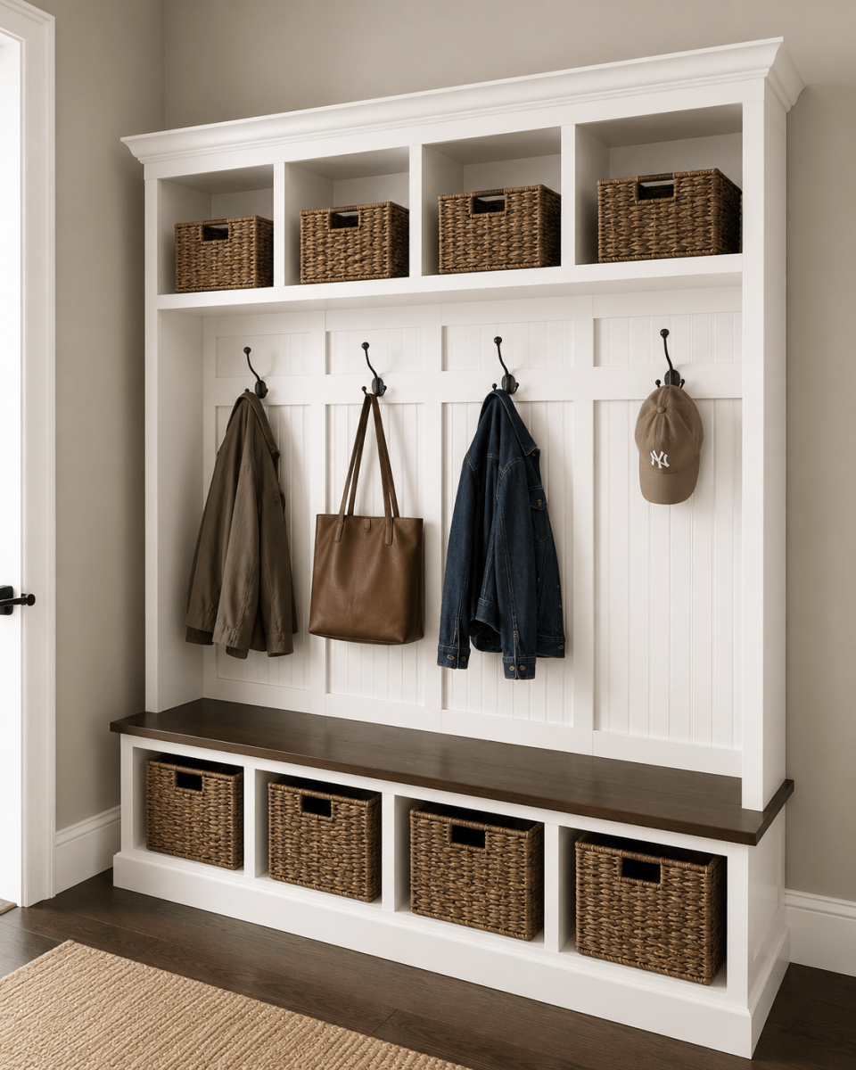 Pennsylvania Entryway Bench with Storage | Custom Wood Mudroom Seating | Handcrafted Hall Tree Bench (4-section)