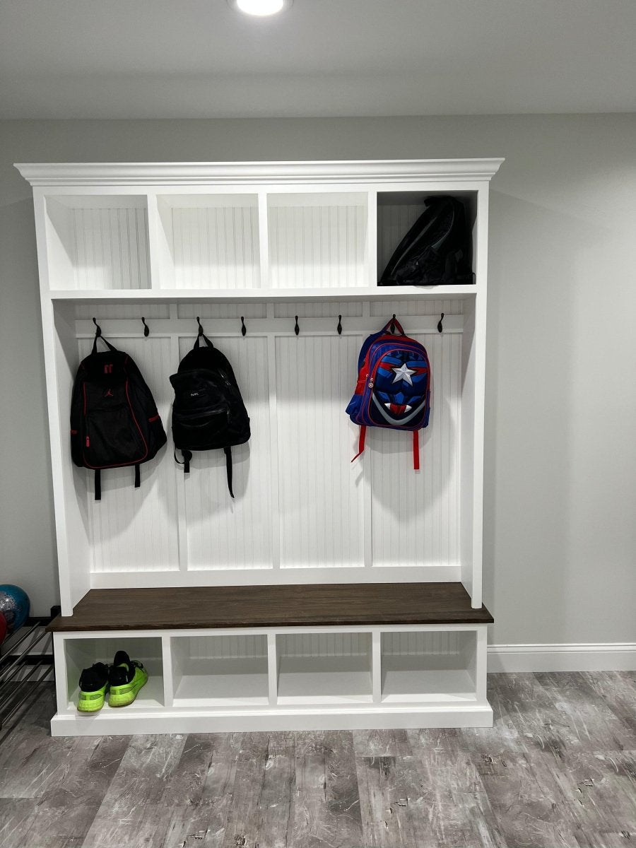 Pennsylvania Entryway Bench with Storage | Custom Wood Mudroom Seating | Handcrafted Hall Tree Bench (4-section)