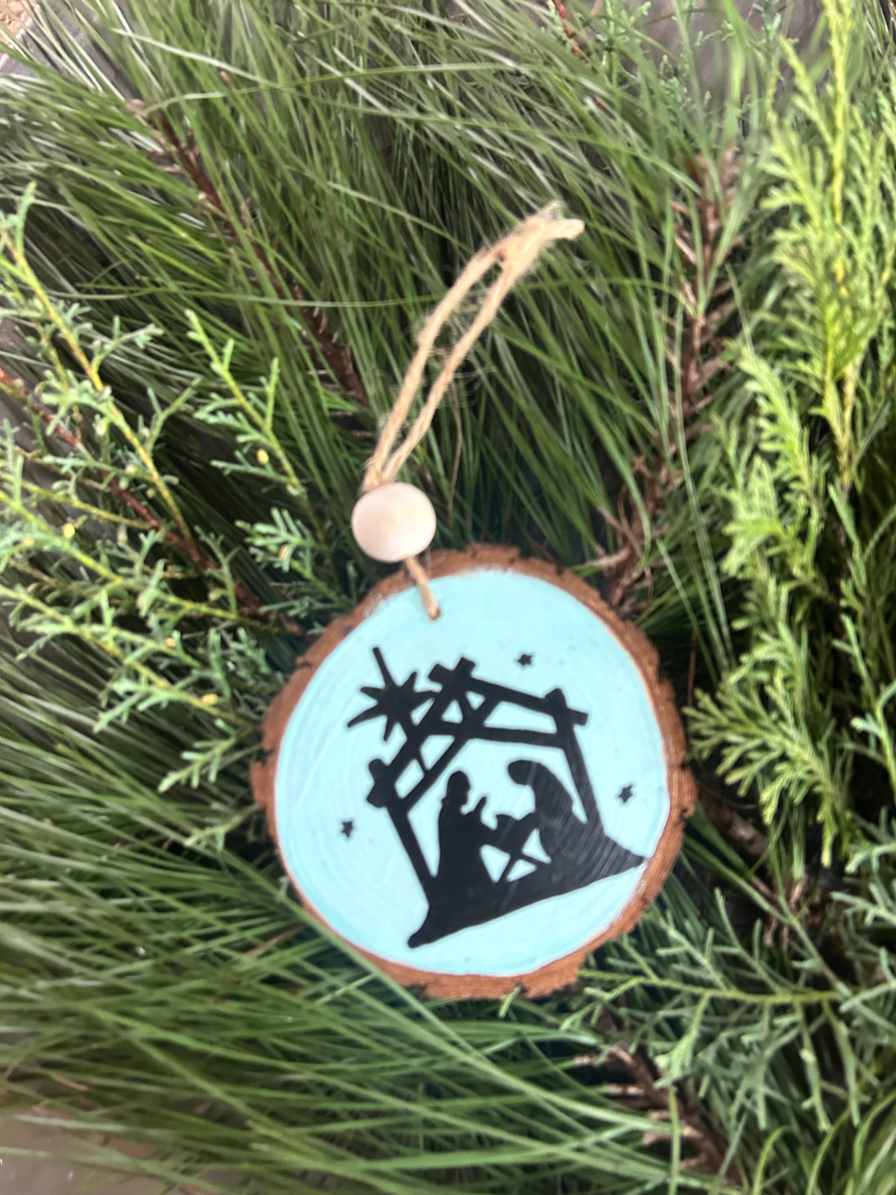 Rustic wood slice ornaments hand painted.