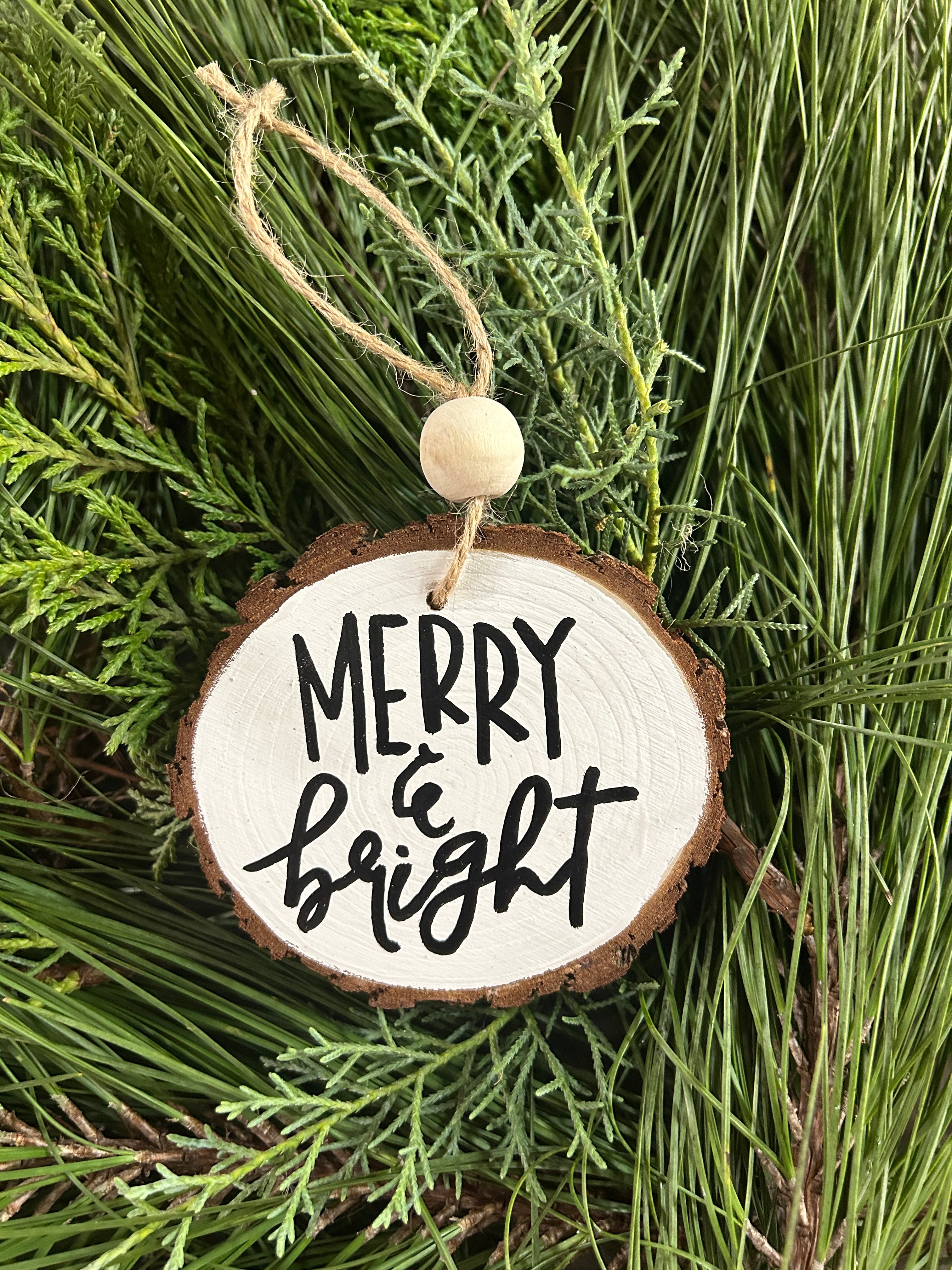 Rustic wood slice ornaments hand painted.