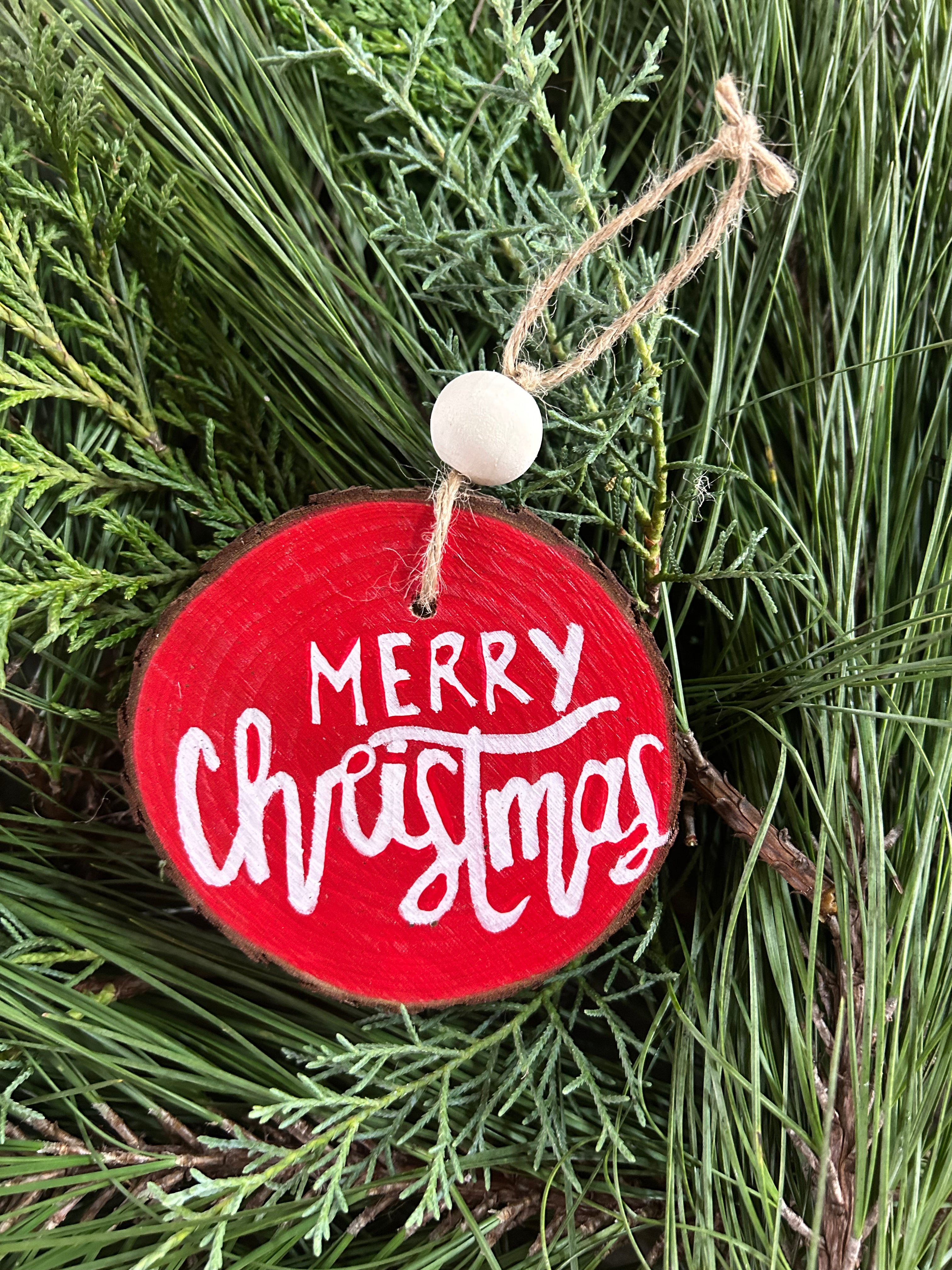 Rustic wood slice ornaments hand painted.