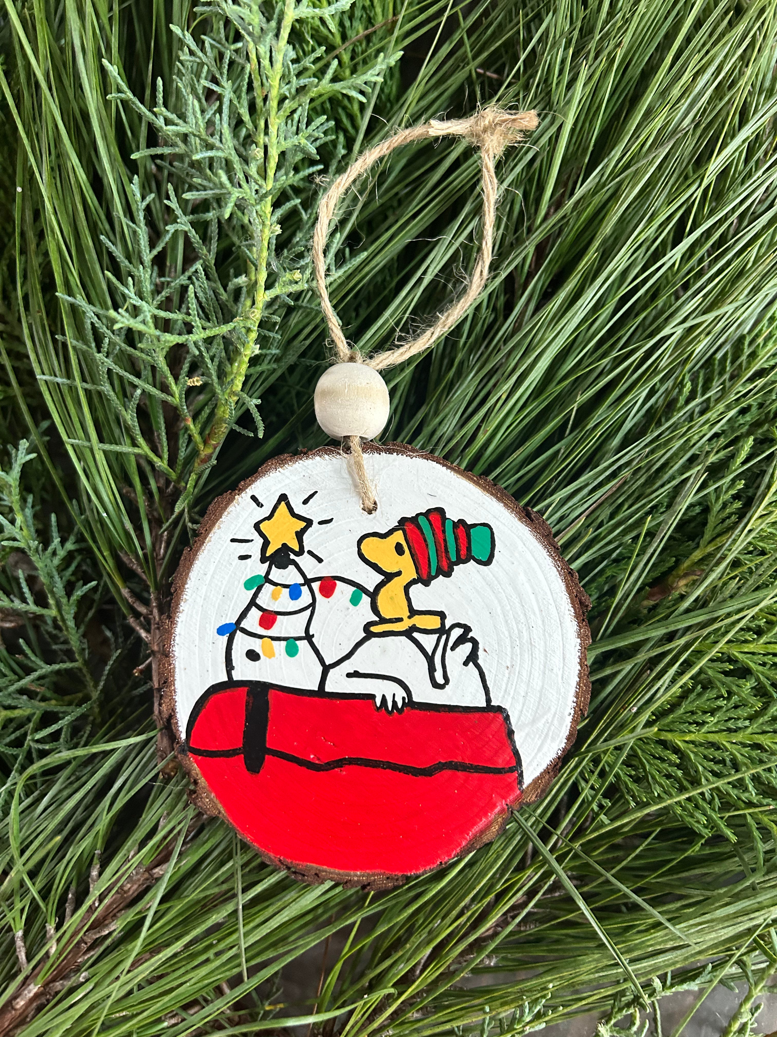Rustic wood slice ornaments hand painted.