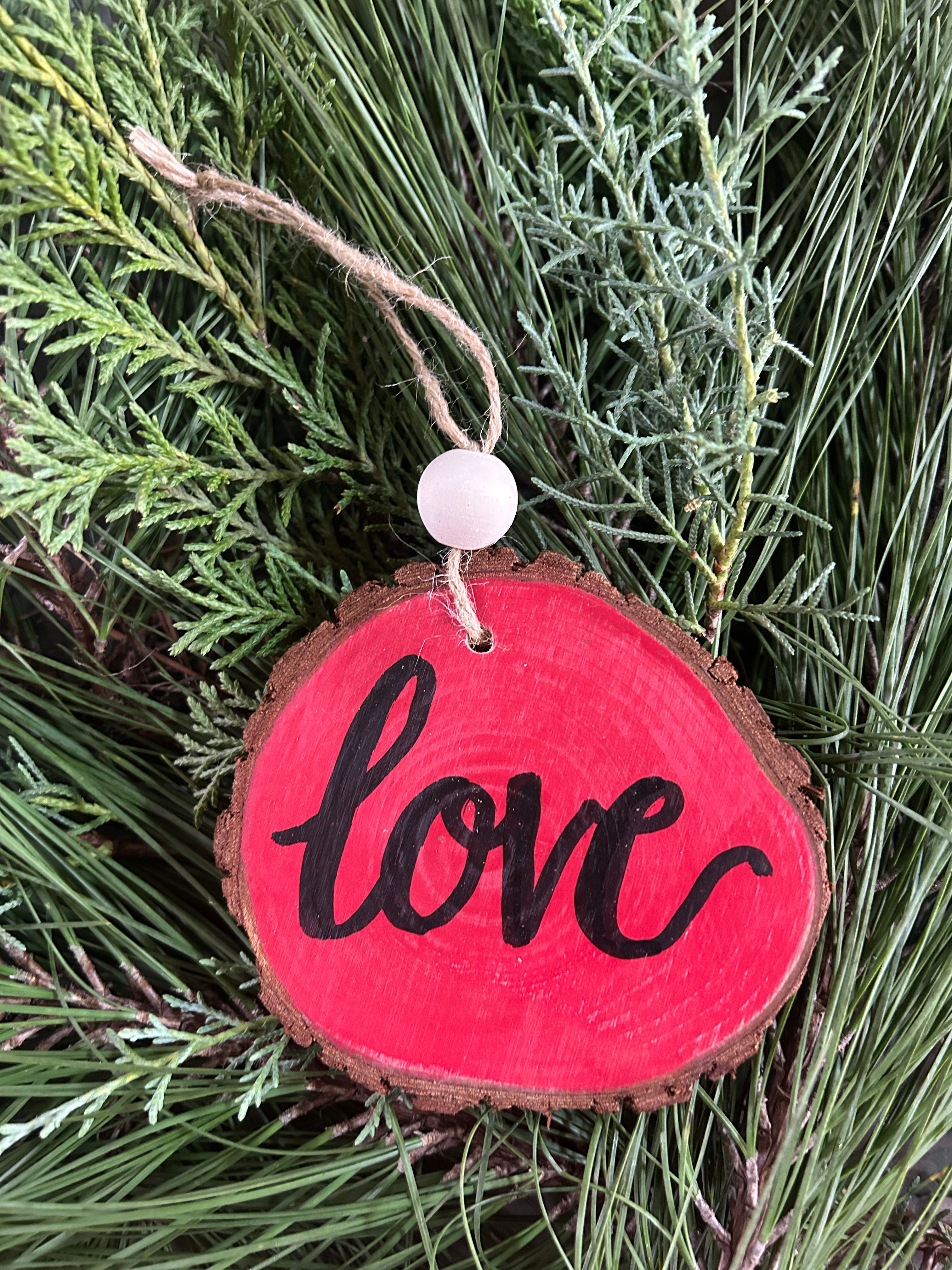 Rustic wood slice ornaments hand painted.