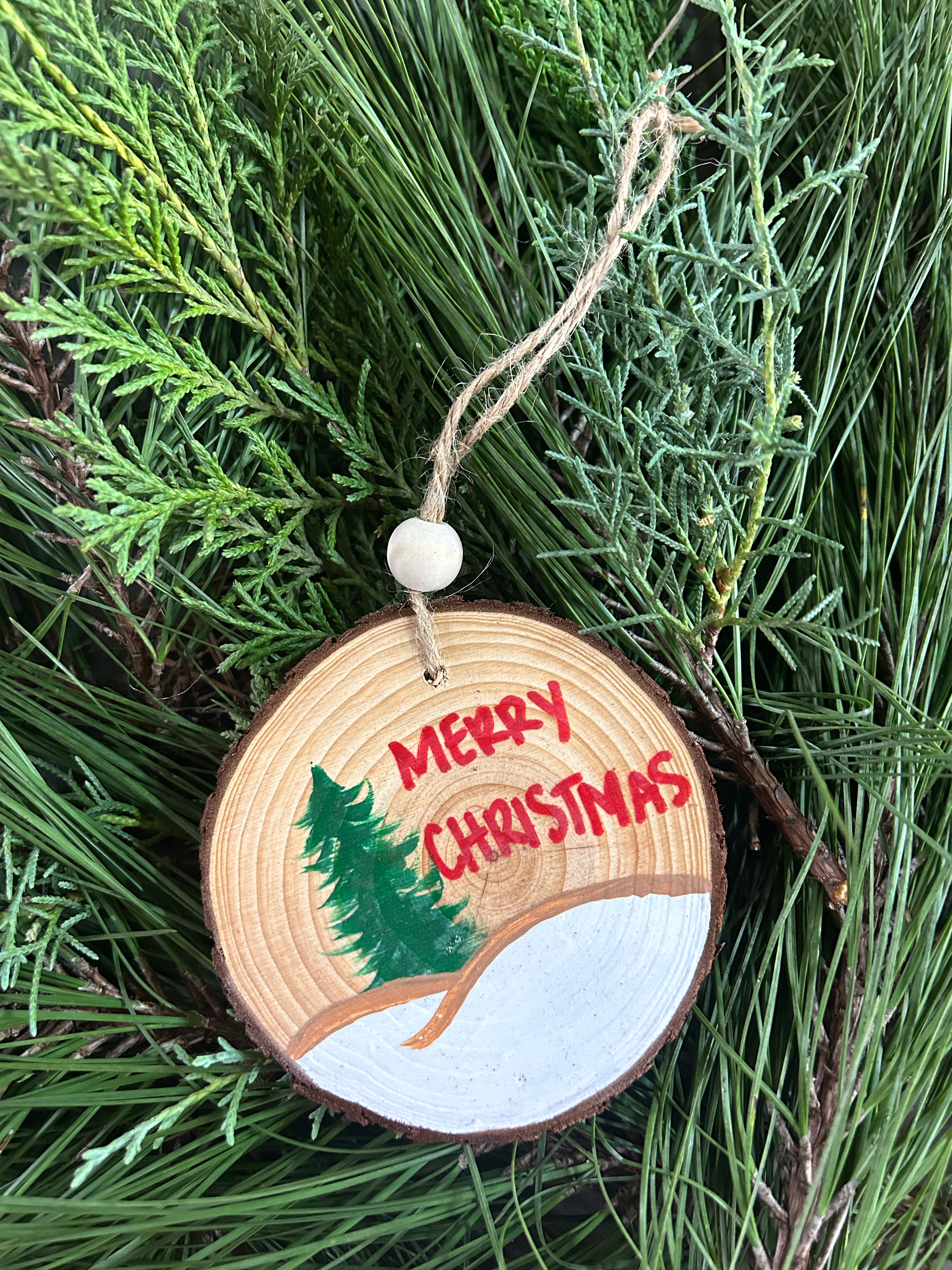 Rustic wood slice ornaments hand painted.