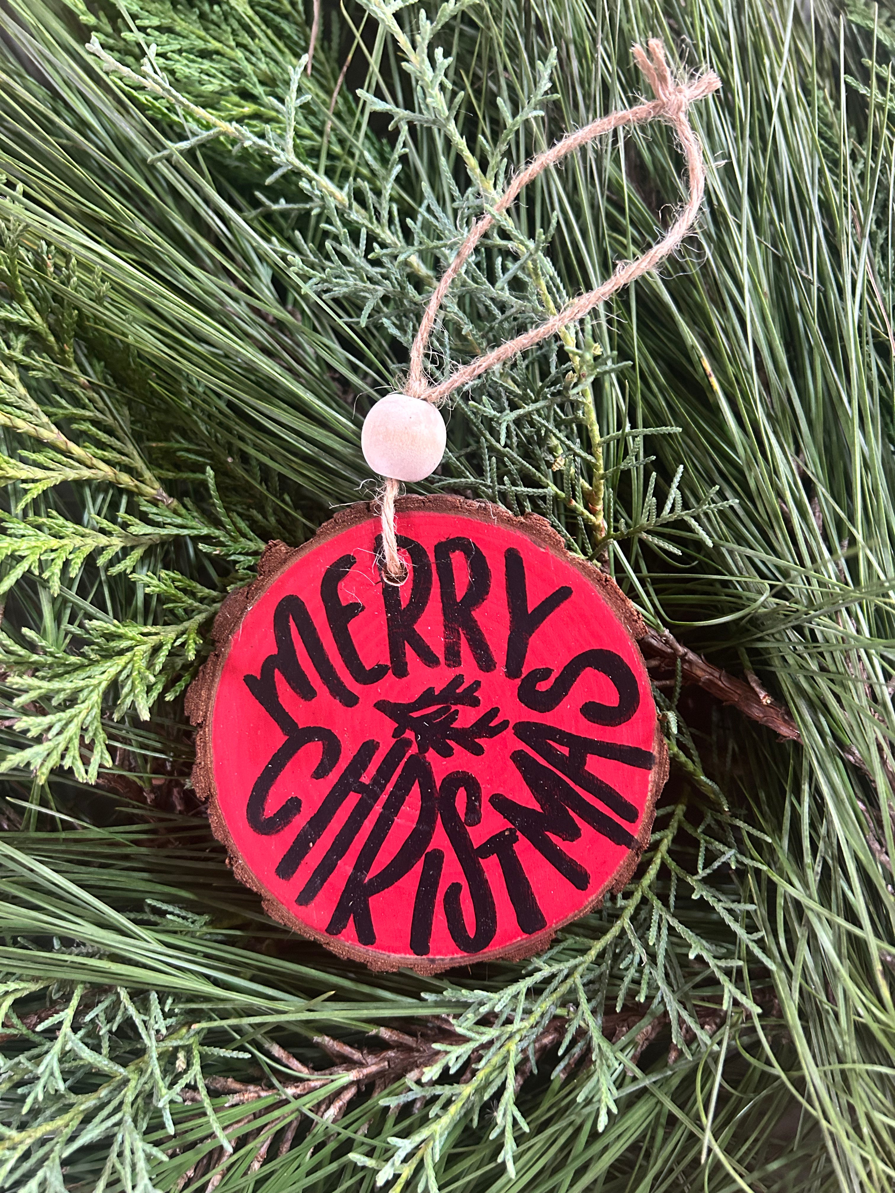 Rustic wood slice ornaments hand painted - Griffin Furniture Merry Christmas Red
