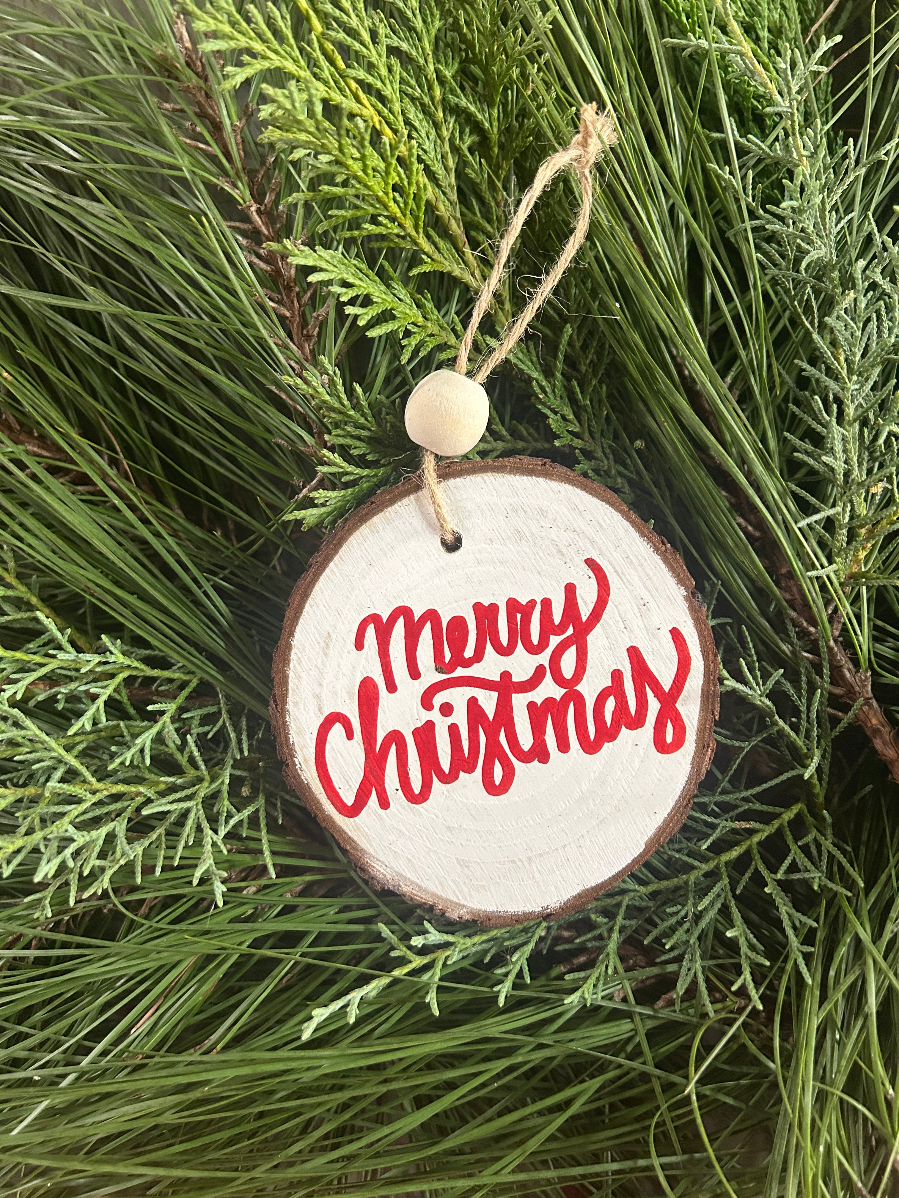 Rustic wood slice ornaments hand painted - Griffin Furniture Merry Christmas