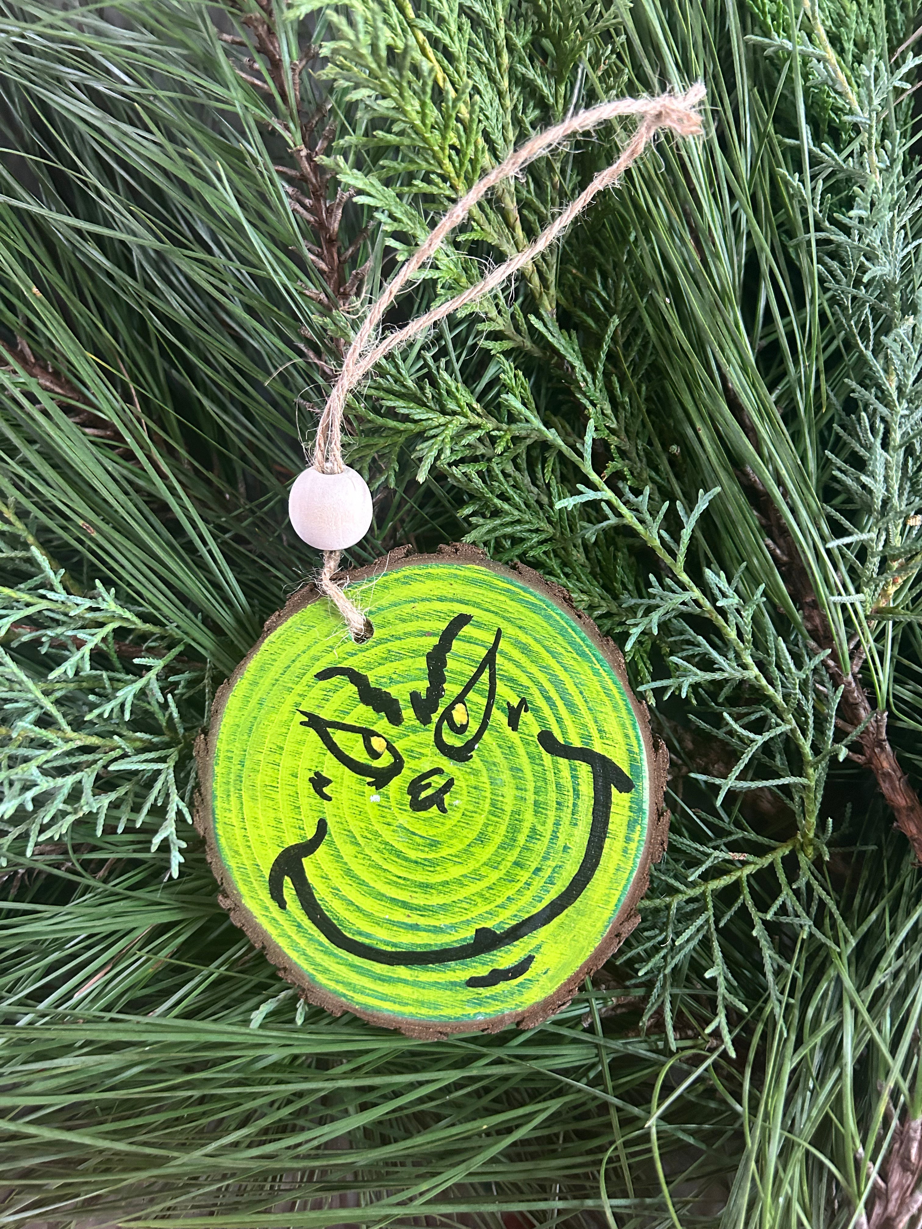 Rustic wood slice ornaments hand painted - Griffin Furniture Grinch Face