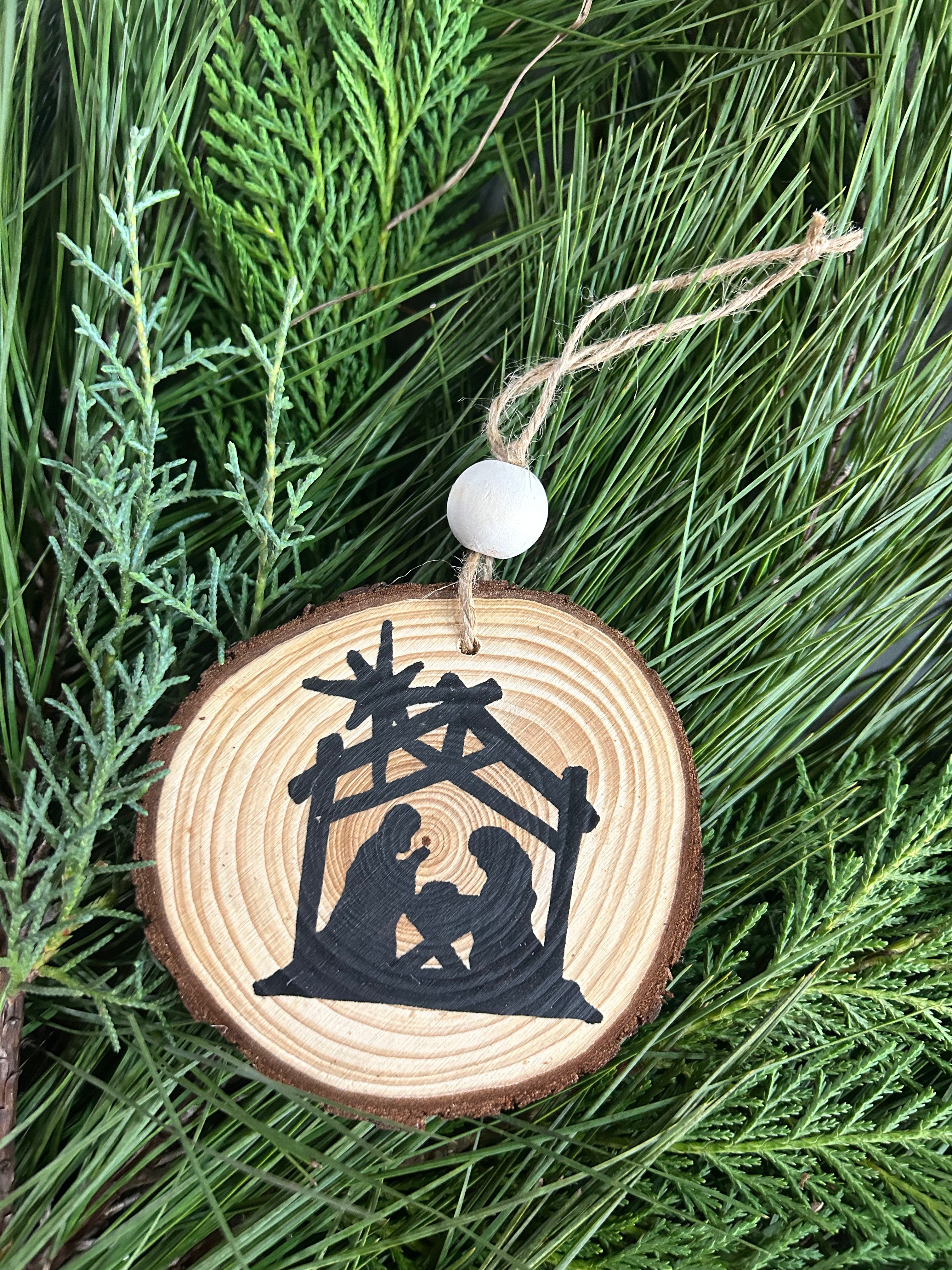 Rustic wood slice ornaments hand painted.
