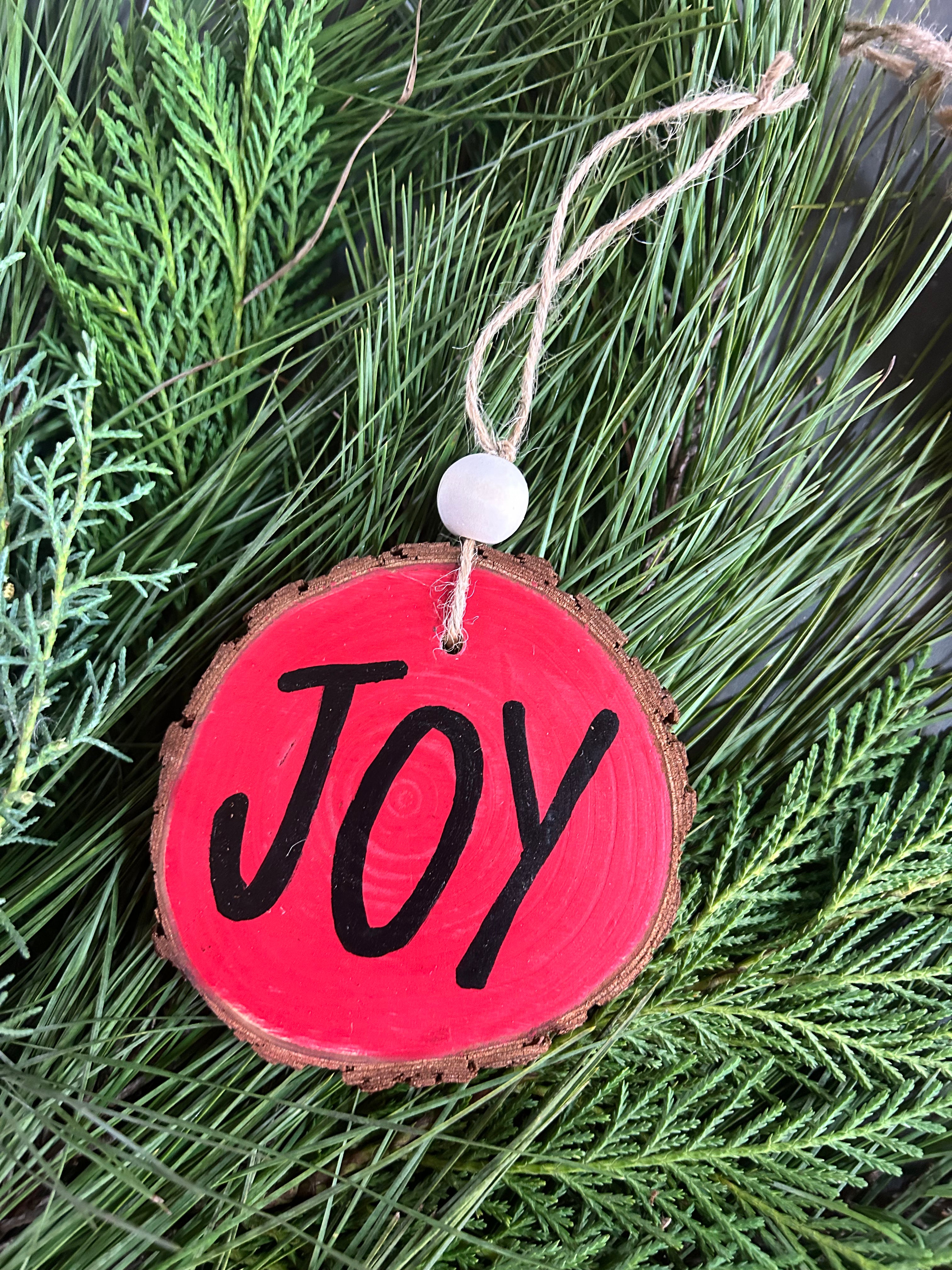 Rustic wood slice ornaments hand painted.