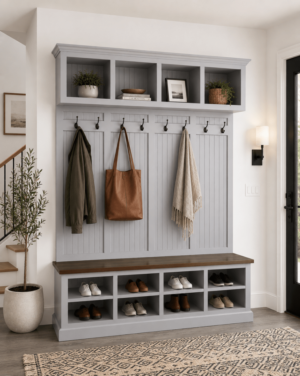Yale Mudroom Locker Bench with Shoe Storage & Coat Rack – Custom Solid Wood Hall Tree